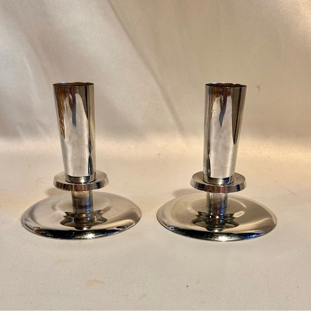 Vintage Art Deco Chrome Modernist Candle Holders-A Pair